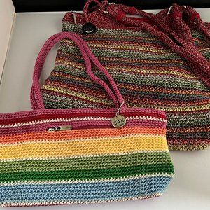 THE SAK Set of TWO Crochet Double Handle Multi Colored Handbags